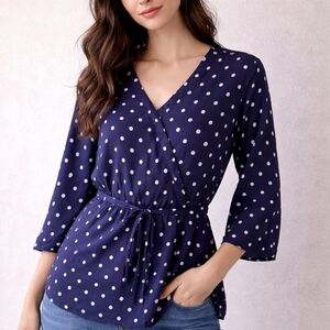 Navy Polka Dot Wrap Blouse 100% Viscose Tie Waist Size L/M